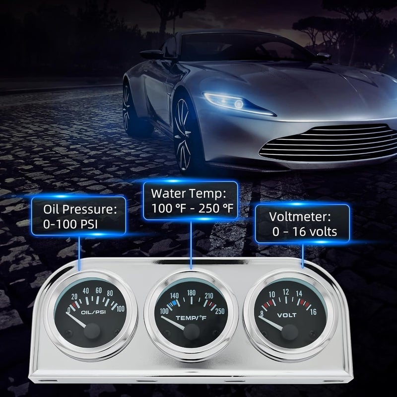 ARTILAURA 52mm Triple Gauge Set (Oil Pressure + Water Temp + Volt) 3 in1 Black AUTO Gauges 3 Set Cluster Kit Dashboard with Silver Console for 12V Cars - Image 3
